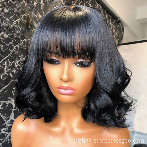 Wholesale Natural Color Full Machine Made Wigs With Bangs Short Bob With Remy Brazilian Human Hair Wigs For Women Body Wave